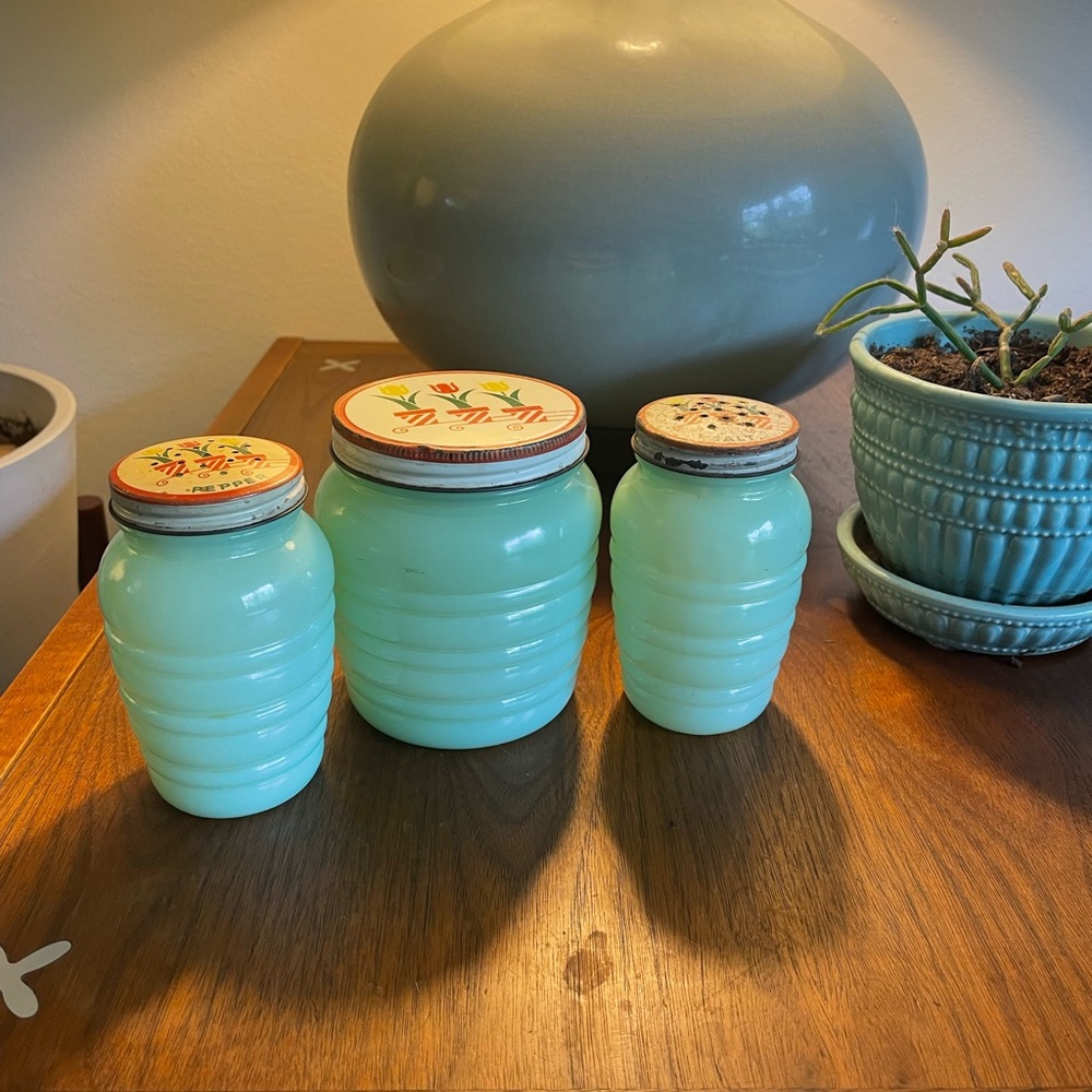 HTF Fire King Jadeite range set: salt, pepper, and grease jar